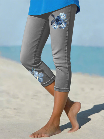 Women's Hawaiian Denim Turtle Hibiscus Cropped leggings