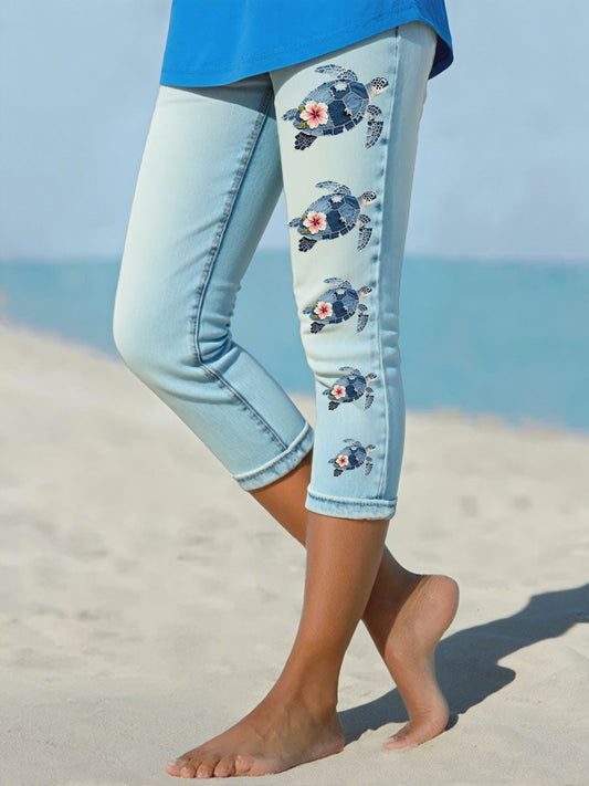 Women's Hawaiian Denim Turtle Hibiscus Cropped leggings