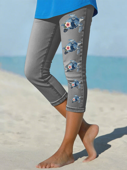 Women's Hawaiian Denim Turtle Hibiscus Cropped leggings