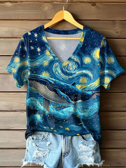 Women's Beautiful Starry Sky Whale Print Casual V-Neck Tee