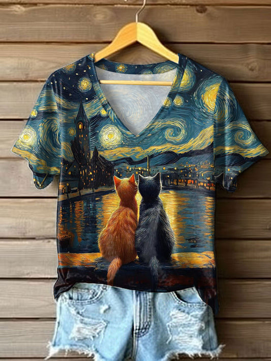 Women's Starry Sky Cats Print Casual V-Neck Tee