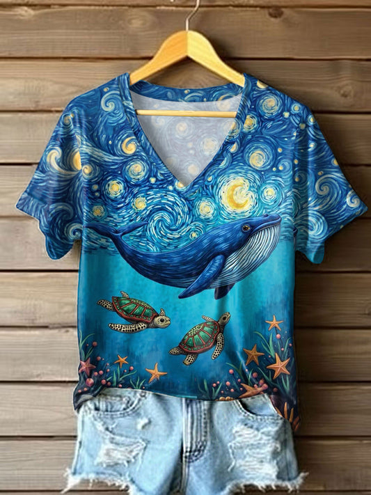 Women's Beautiful Starry Sky Whale And Sea Turtles Print Casual V-Neck Tee