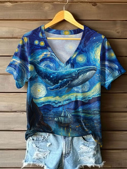 Women's Beautiful Starry Sky Whale Print Casual V-Neck Tee