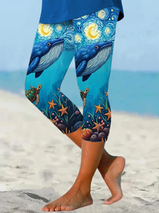 Women's Beautiful Starry Sky Whale And Sea Turtles Print Casual Cropped Leggings