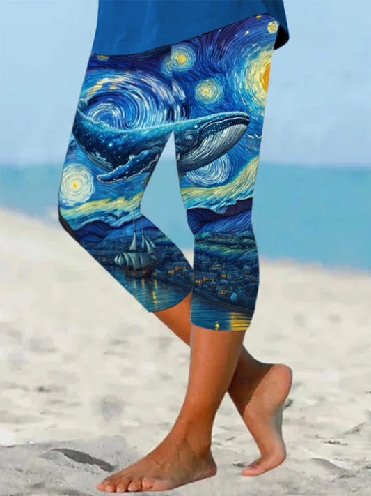 Women's Beautiful Starry Sky Whale Print Casual Cropped Leggings