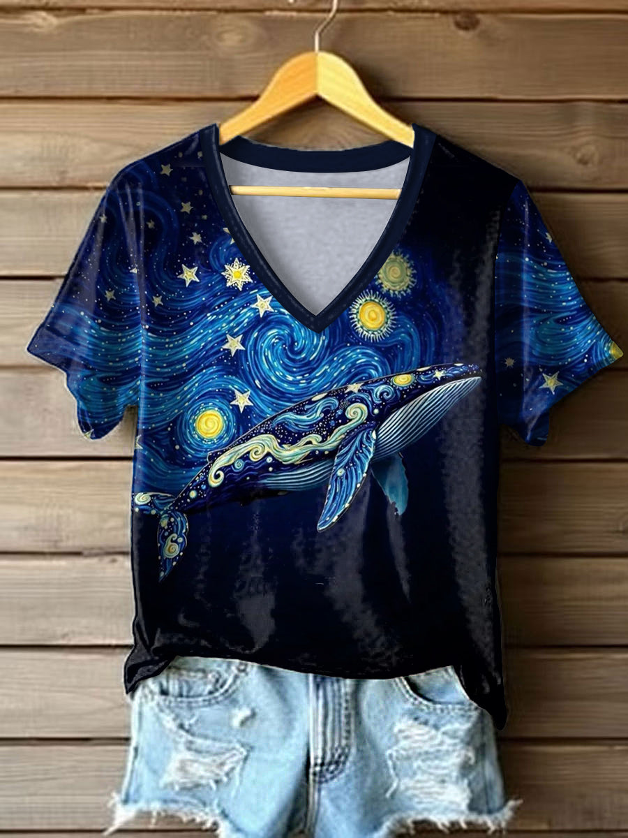 Women's Starry Sky Whale Print Casual V-Neck Tee