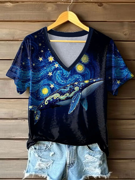 Women's Starry Sky Whale Print Casual V-Neck Tee