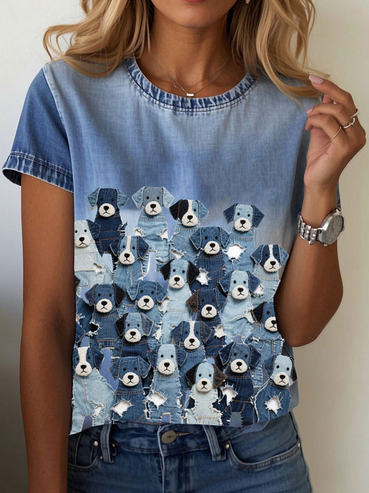 Women's denim print dog T-shirt