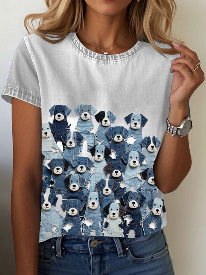 Women's denim print dog T-shirt