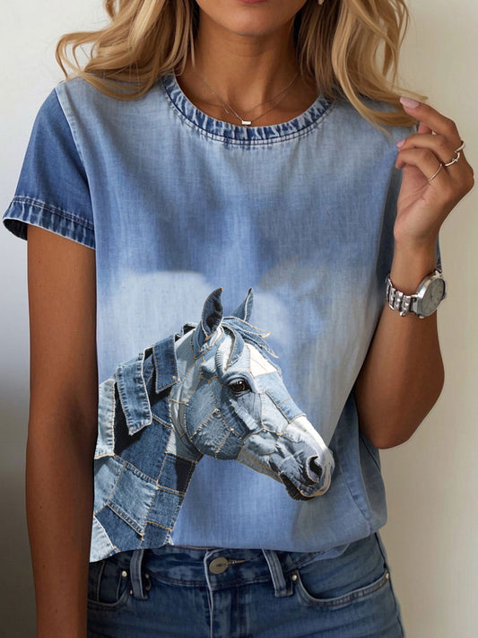 Women's denim horse print T-shirt