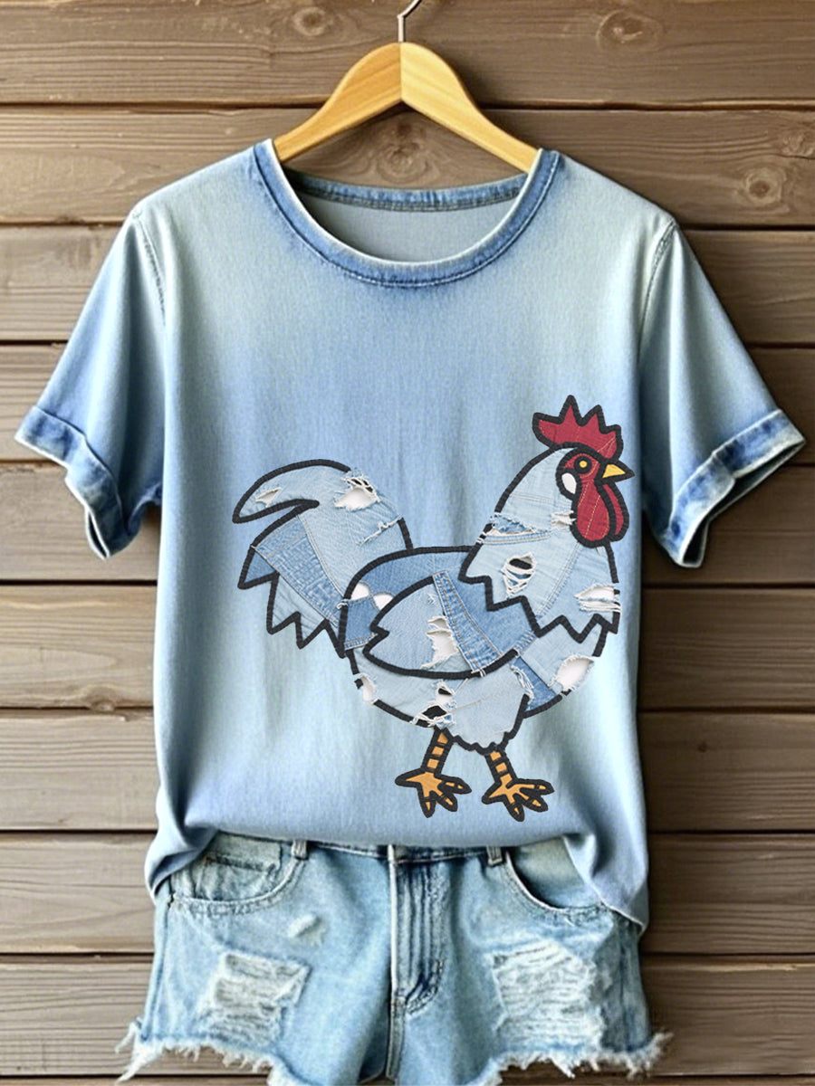 Women's Farm Chicken Pattern Patchwork Art T-Shirt