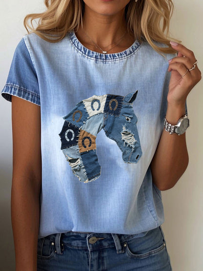 Women's denim horse print T-shirt