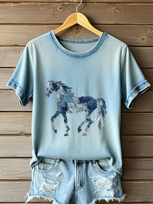 Women's denim horse print T-shirt