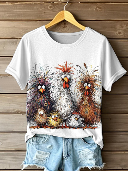 Women's Funny Crazy Hair Cartoon Chickens Print Casual Tee