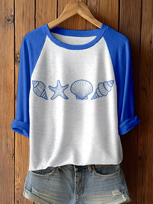 Women's Ocean Shell Embroidered Contrast Color T-shirt