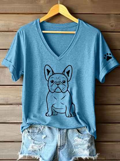 Women's Line Art French Bulldog Print V-Neck T-Shirt
