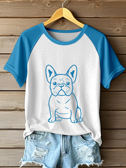 Women's Line Art French Bulldog Print Contrast T-Shirt