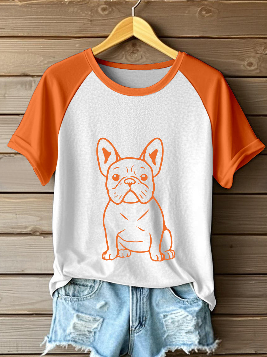 Women's Line Art French Bulldog Print Contrast T-Shirt