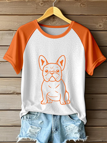 Women's Line Art French Bulldog Print Contrast T-Shirt