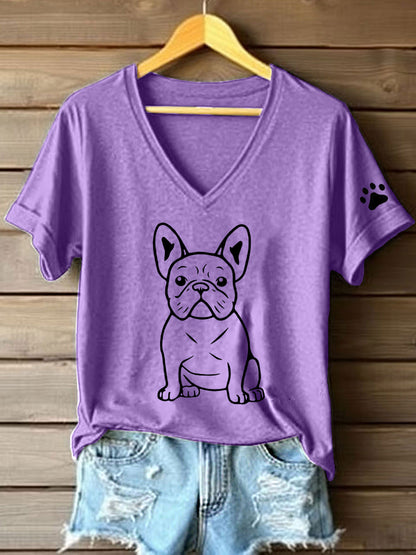 Women's Line Art French Bulldog Print V-Neck T-Shirt