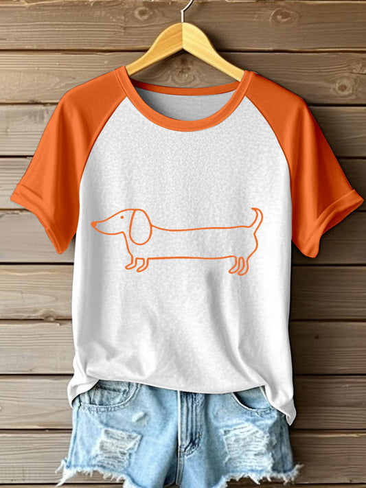 Women's Line Art Dachshund Print Contrast T-Shirt
