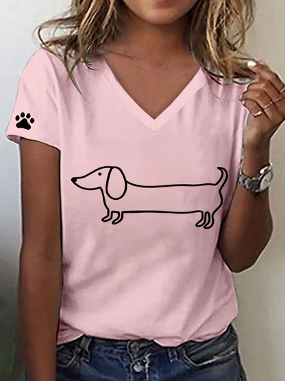 Women's Line Art Dachshund Print V-Neck T-Shirt