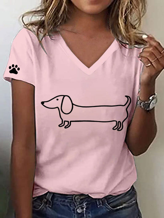 Women's Line Art Dachshund Print V-Neck T-Shirt