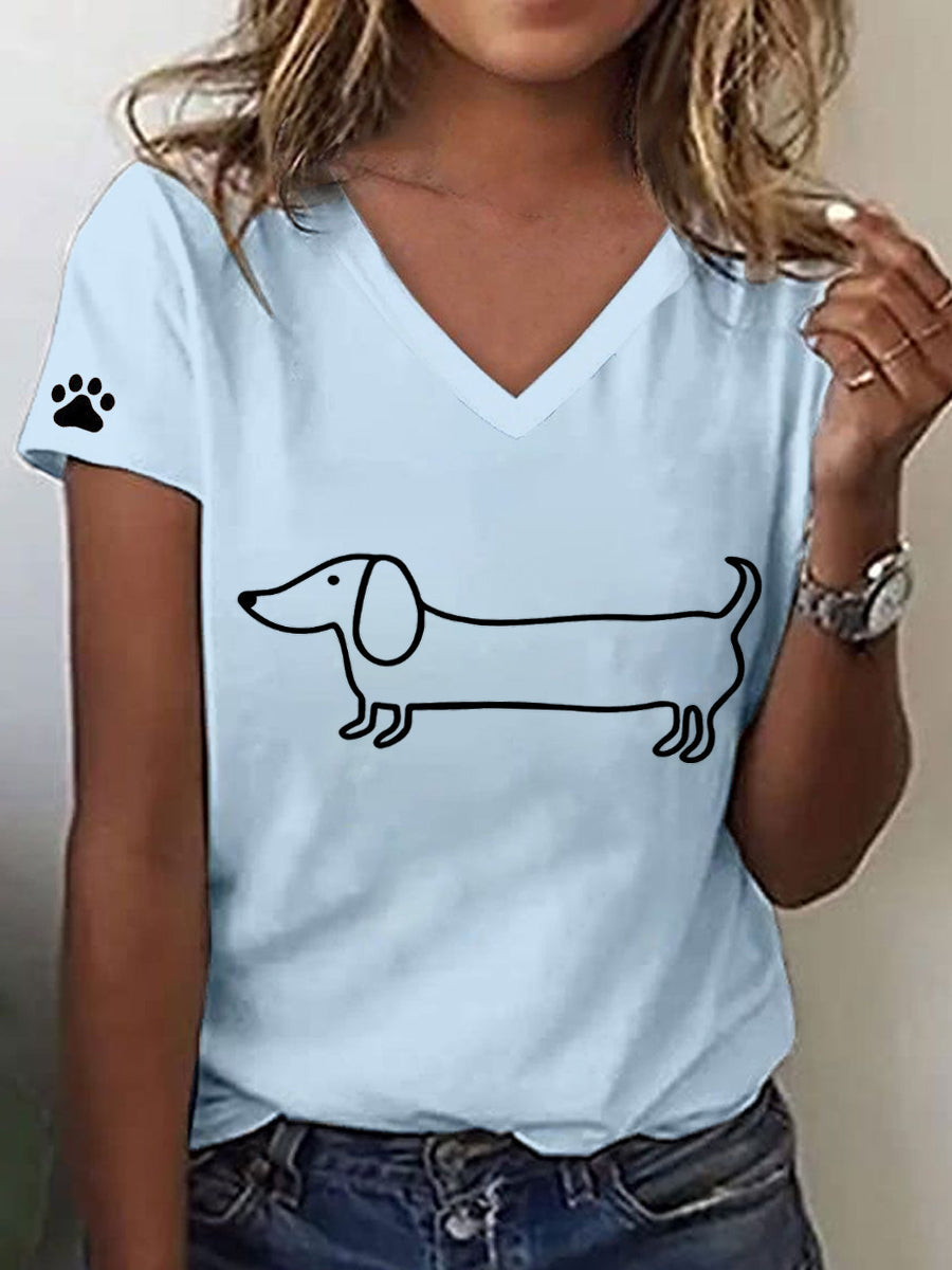 Women's Line Art Dachshund Print V-Neck T-Shirt