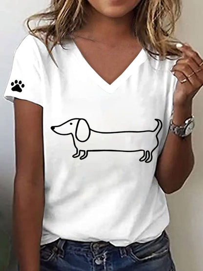 Women's Line Art Dachshund Print V-Neck T-Shirt