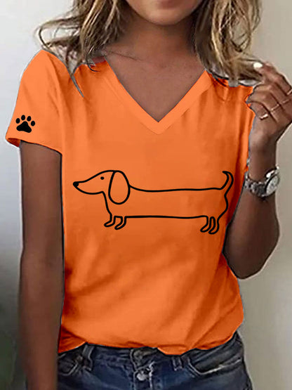 Women's Line Art Dachshund Print V-Neck T-Shirt