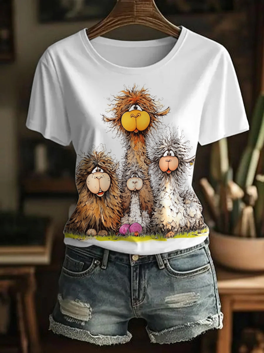 Women's Funny Cute Crazy Hair Cartoon Alpacas Print Casual Tee