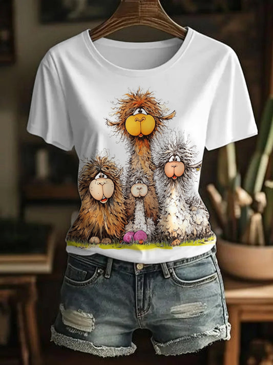 Women's Funny Cute Crazy Hair Cartoon Alpacas Print Casual Tee