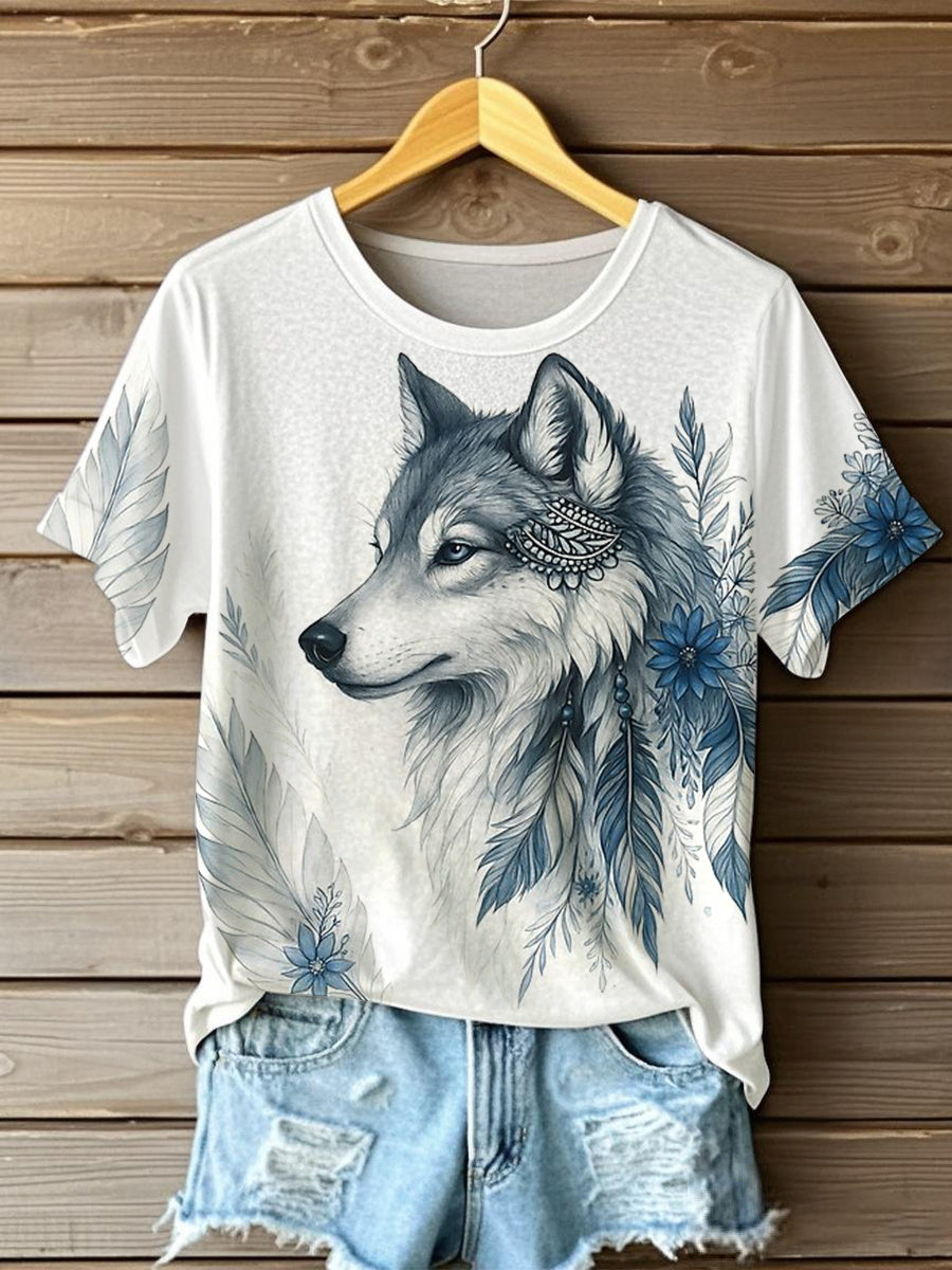 Women's Aboriginal wolf print casual T-shirts
