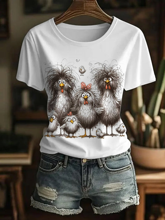 Women's Funny Cute Crazy Hair Cartoon Chickens Print Casual Tee