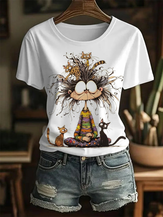 Women's Funny Cute Crazy Hair Cartoon Cat Mom And Babies Print Casual Tee