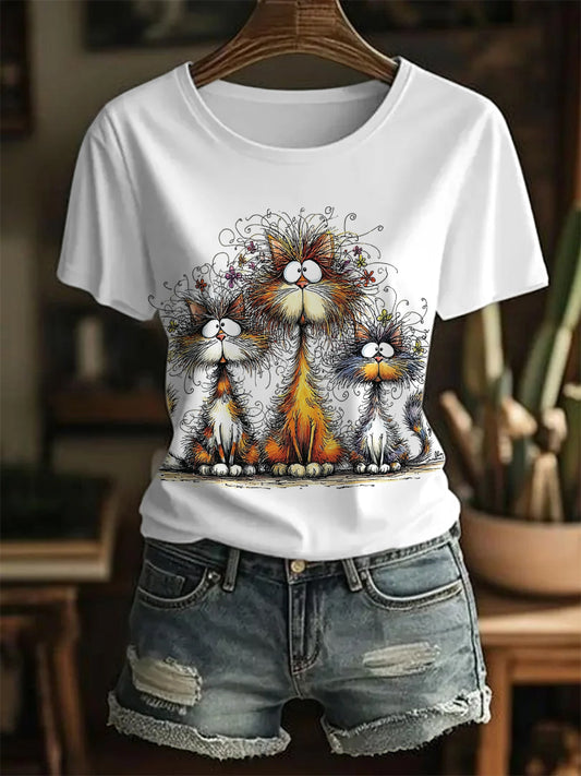 Women's Funny Cute Crazy Hair Cartoon Cats Print Casual Tee