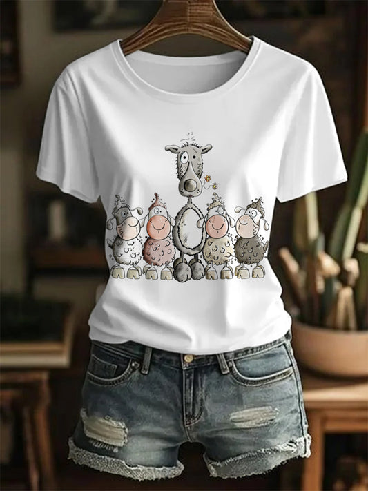 Women's Funny Cute Cartoon Wolf And Sheep Friends Print Casual Tee