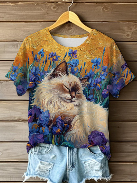 Women's Oil Painting  Cute Flowers Cat Short-sleeve  T-shirt