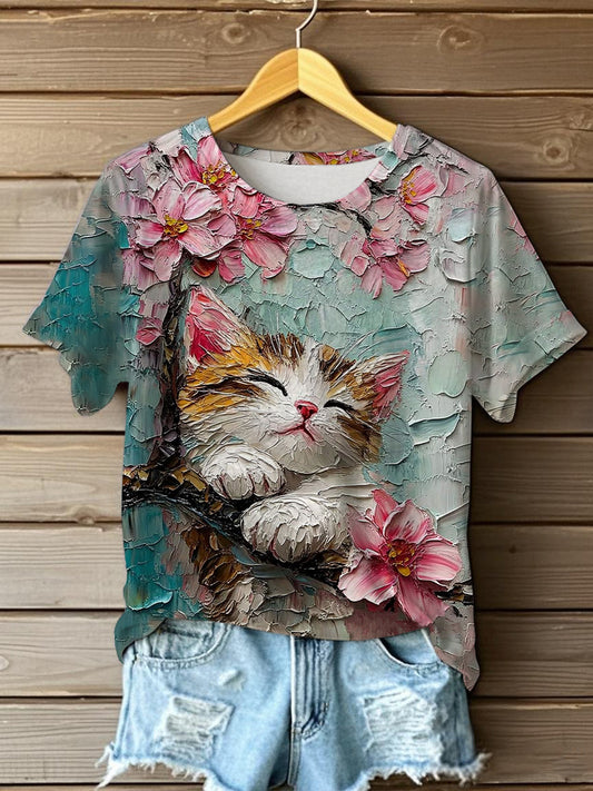 Women's Oil Painting  Cute Flowers Cat Short-sleeve  T-shirt