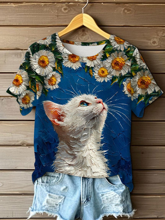 Women's Oil Painting  Cute Flowers Cat Short-sleeve  T-shirt