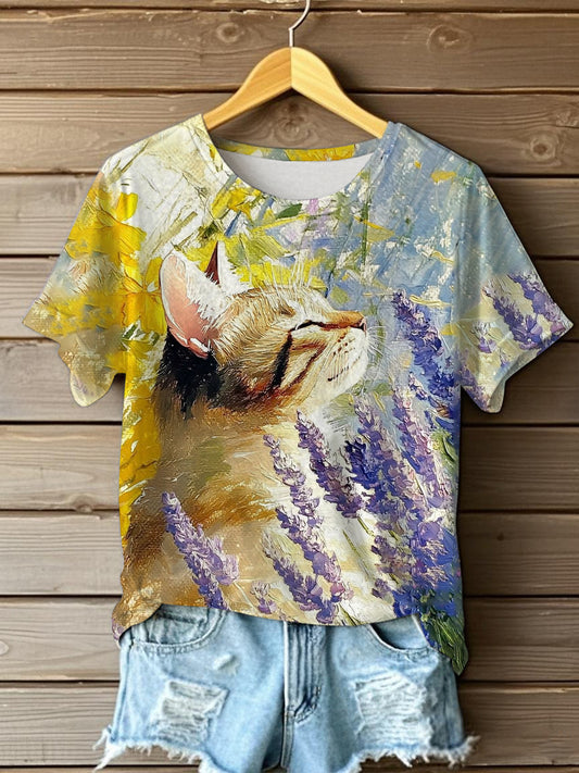 Women's Oil Painting Cute Flowers Cat Short-sleeve T-shirt