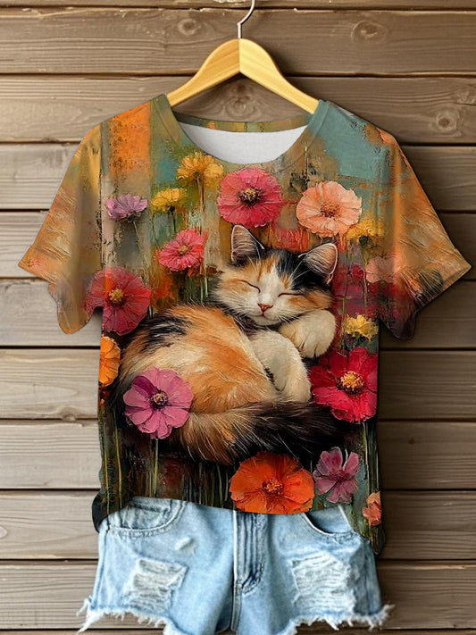 Women's Oil Painting  Cute Flowers Cat Short-sleeve  T-shirt