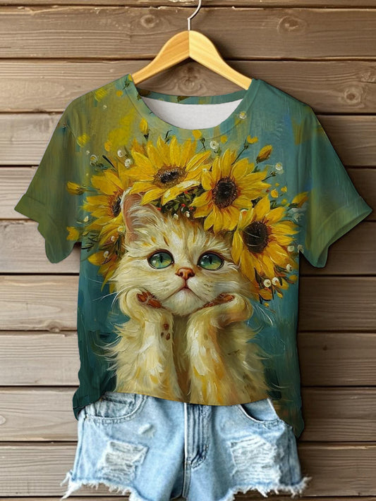 Women's Oil Painting  Cute Flowers Cat Short-sleeve  T-shirt