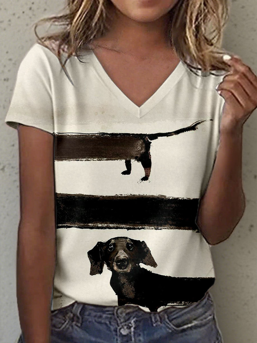 Women's Oil Painting Art Dachshund Print V-Neck T-Shirt