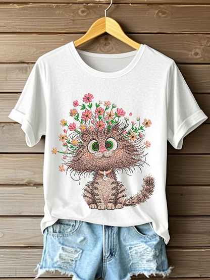Women's Floral Cat Embroidery Casual T-Shirt