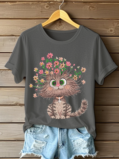 Women's Floral Cat Embroidery Casual T-Shirt