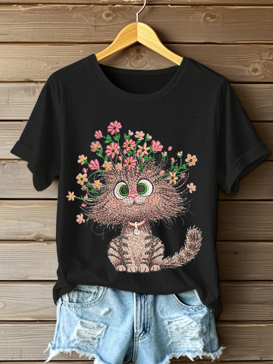 Women's Floral Cat Embroidery Casual T-Shirt