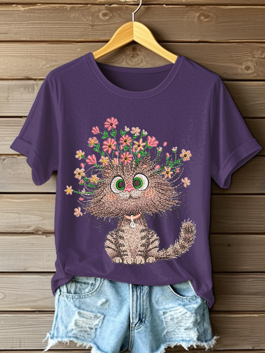 Women's Floral Cat Embroidery Casual T-Shirt
