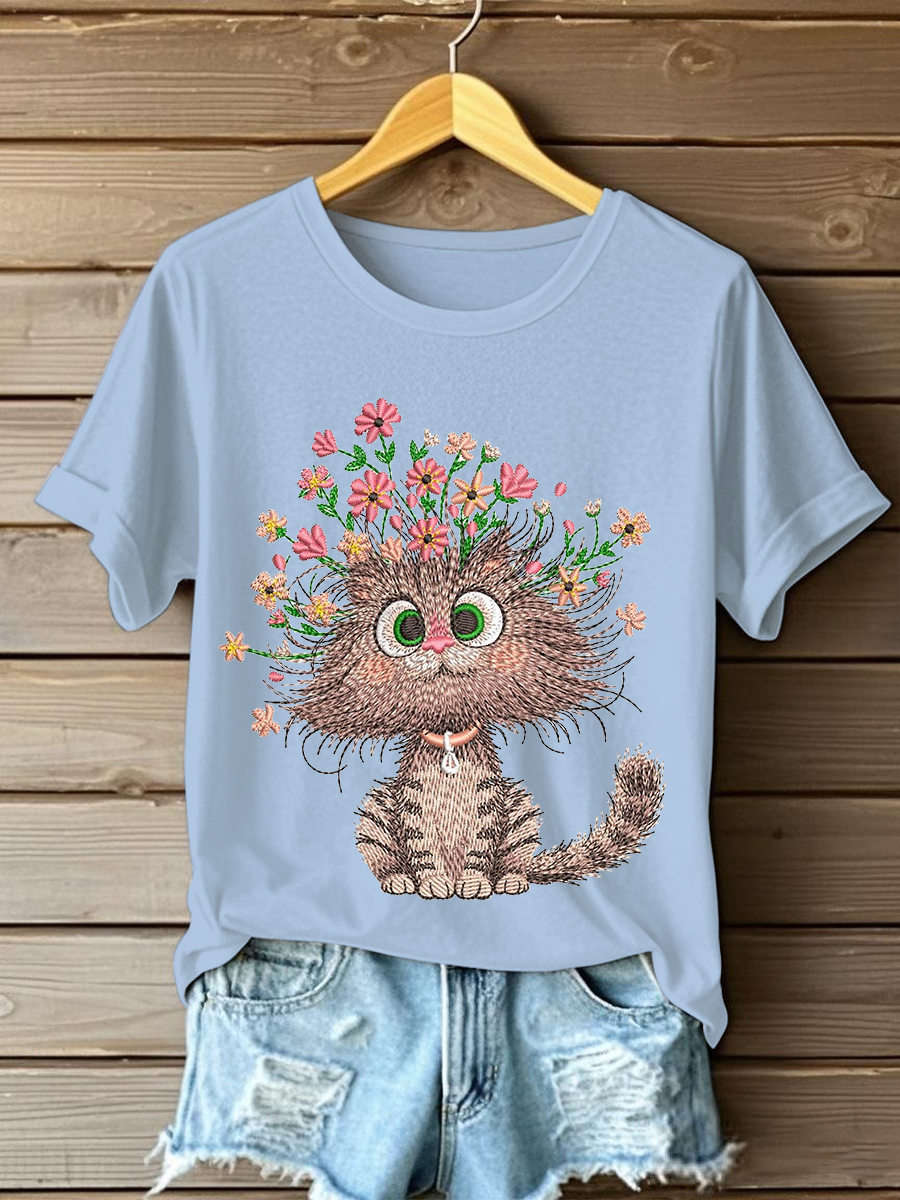 Women's Floral Cat Embroidery Casual T-Shirt