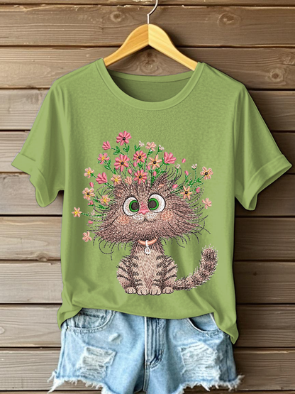 Women's Floral Cat Embroidery Casual T-Shirt